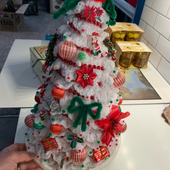 VTG Handcrafted crocheted Christmas Tree with ornaments Kitschy - Picture 3 of 6